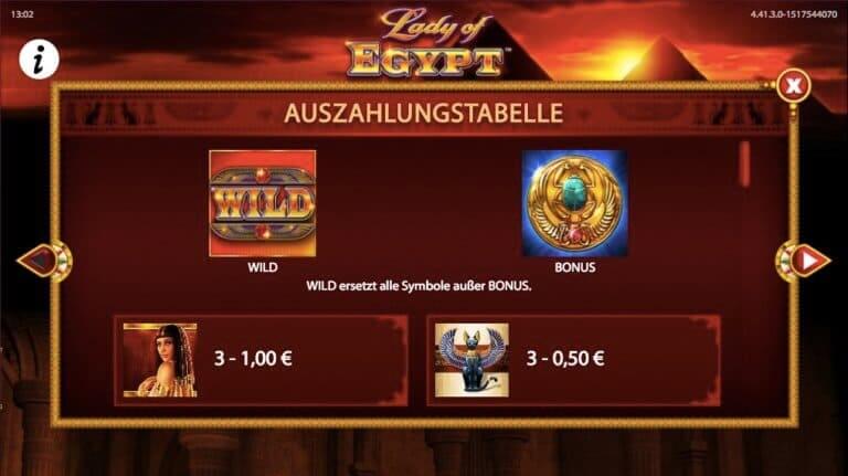 Lady of Egypt Slot Paytable
